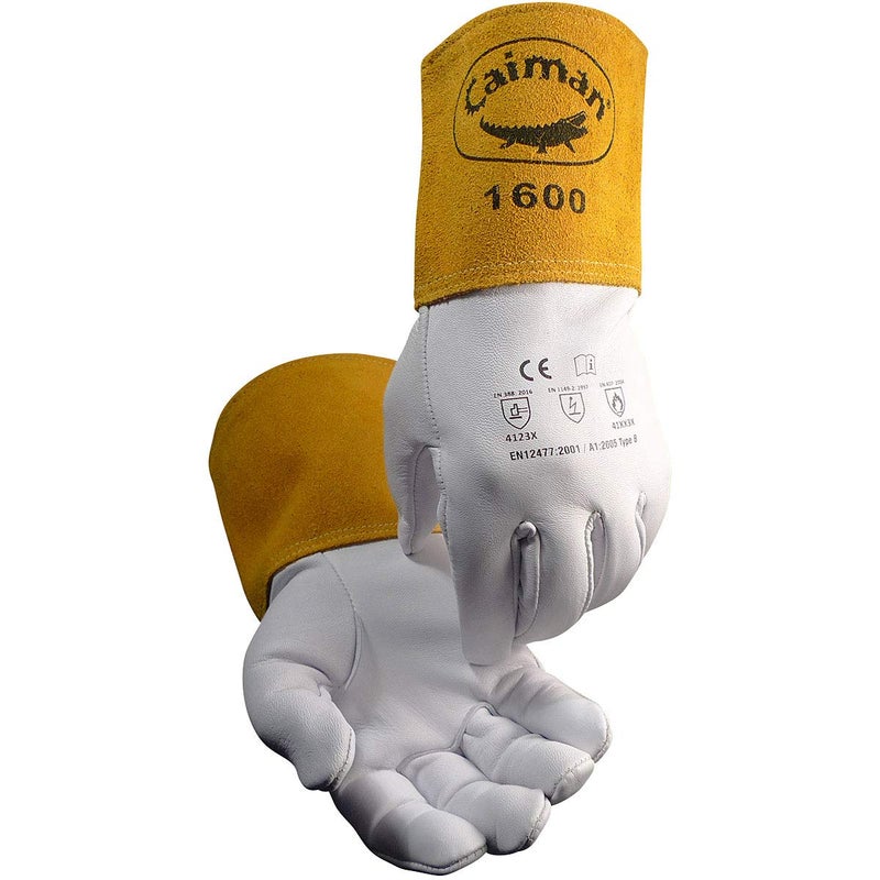 Caiman Premium Goat Grain TIG Welding Gloves, 4-Inch Gold Extended Cuff, Unlined, White/Gold, X-Large (1600-6) - Image 1